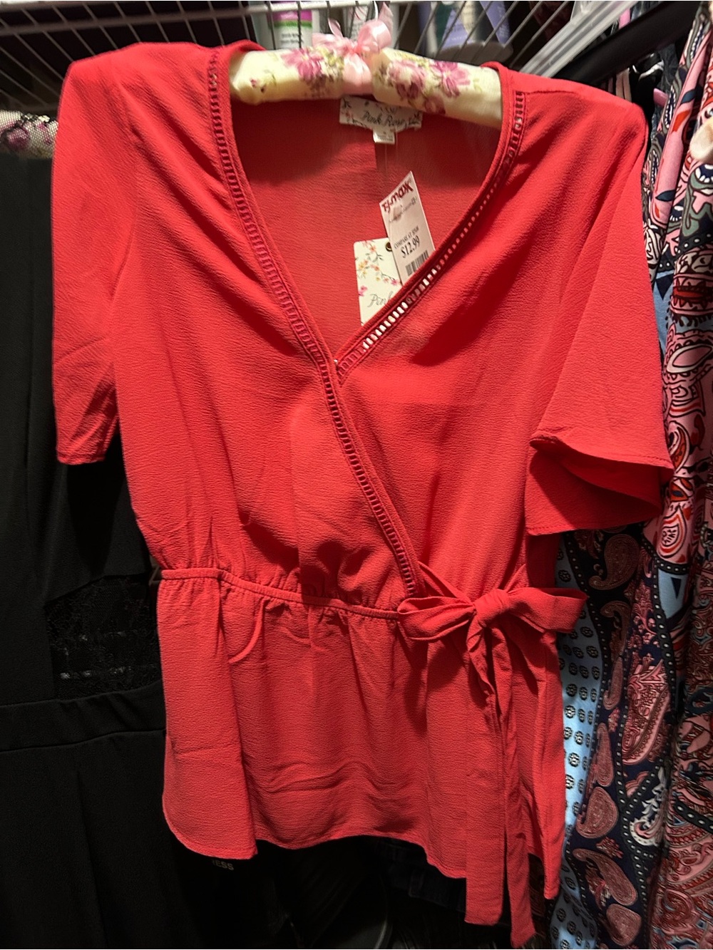Pink Rose Coral Red Wrap Peplum Blouse/ NWT